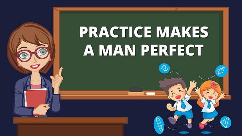 A teacher telling children that "practice makes a man perfect"