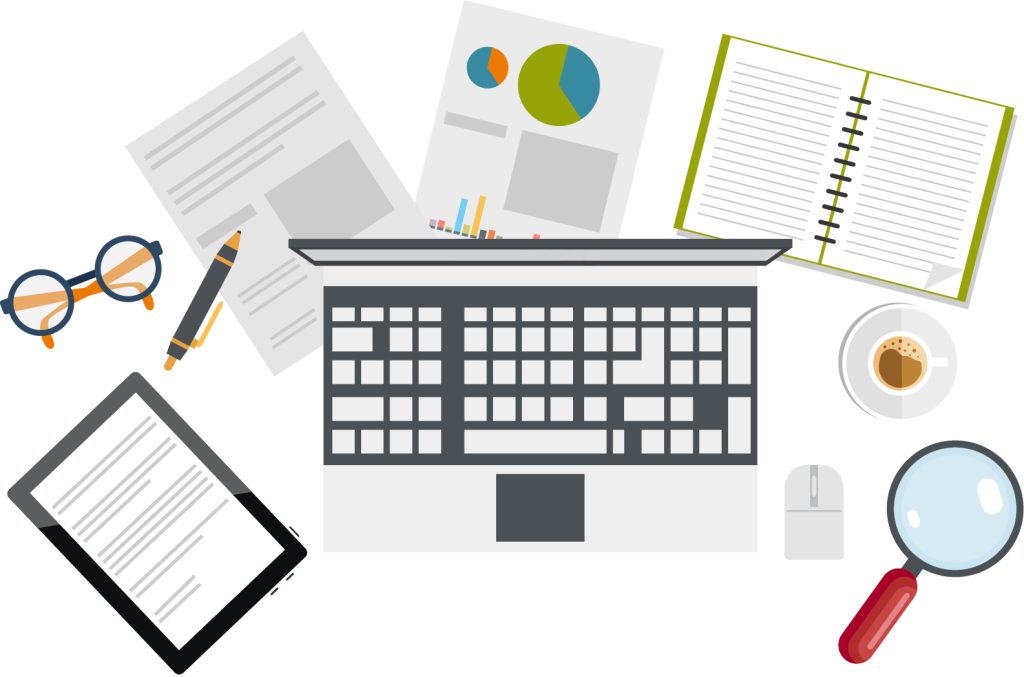 A picture showing what writers, such as academic writers, need to concentrate, including reading glasses, pen, and more