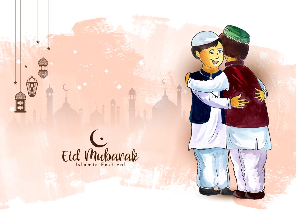 how Muslims celebrate Eid, saying Eid Mubarak and giving a hug to each other