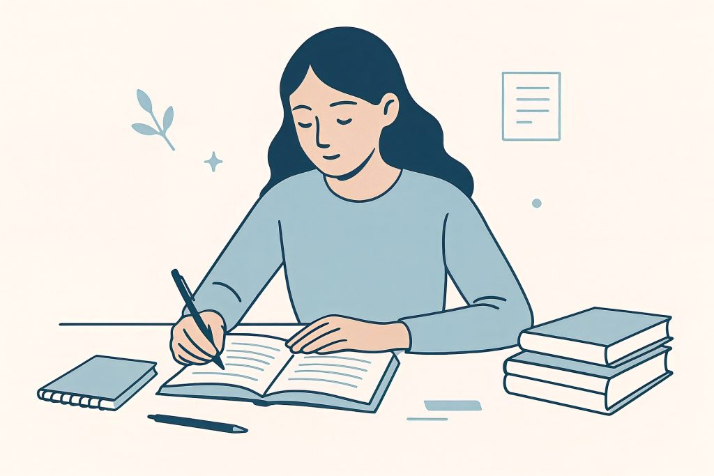 a person is writing an assignment with thoughts