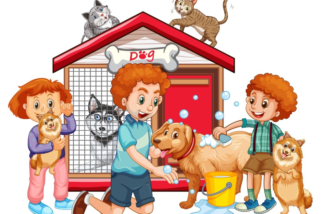 children and pets, including cats and dogs having fun together with one of the dogs in a kennel